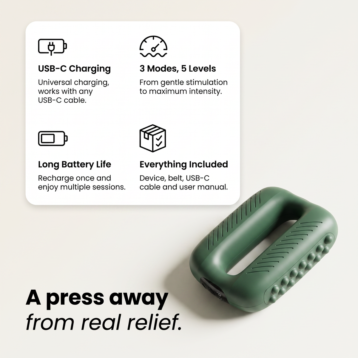 Feature summary: USB-C charging, 3 modes and 5 levels, battery life, box contents